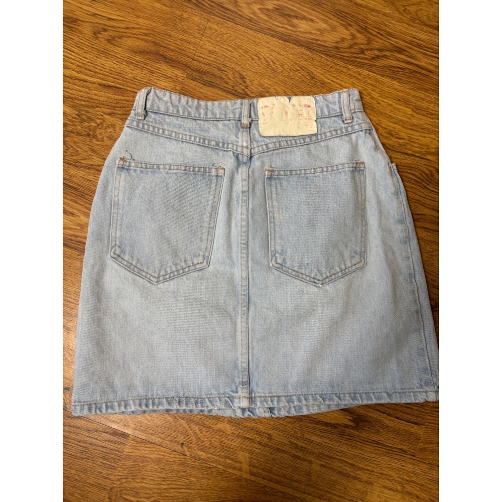 Vintage Bongo Denim Mini Skirt Light Wash High Waisted Logo Tape USA Made - Picture 5 of 7
